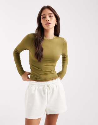 Miss Selfridge Sculpted Long Sleeve Tee In Green