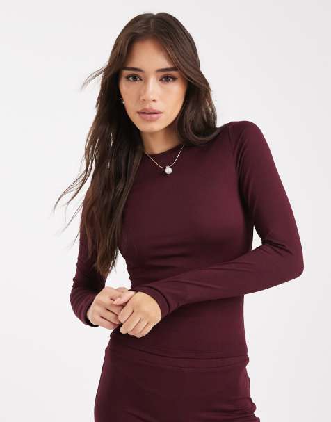Miss Selfridge sculpted long sleeve tee in plum - view 1