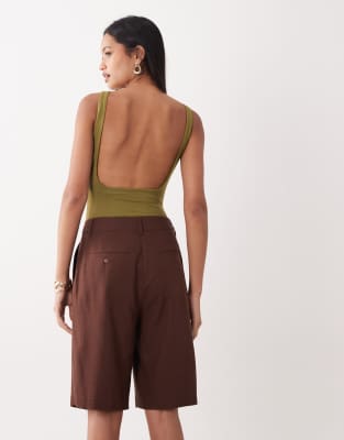 Miss Selfridge Sculpted Low Back Bodysuit In Green
