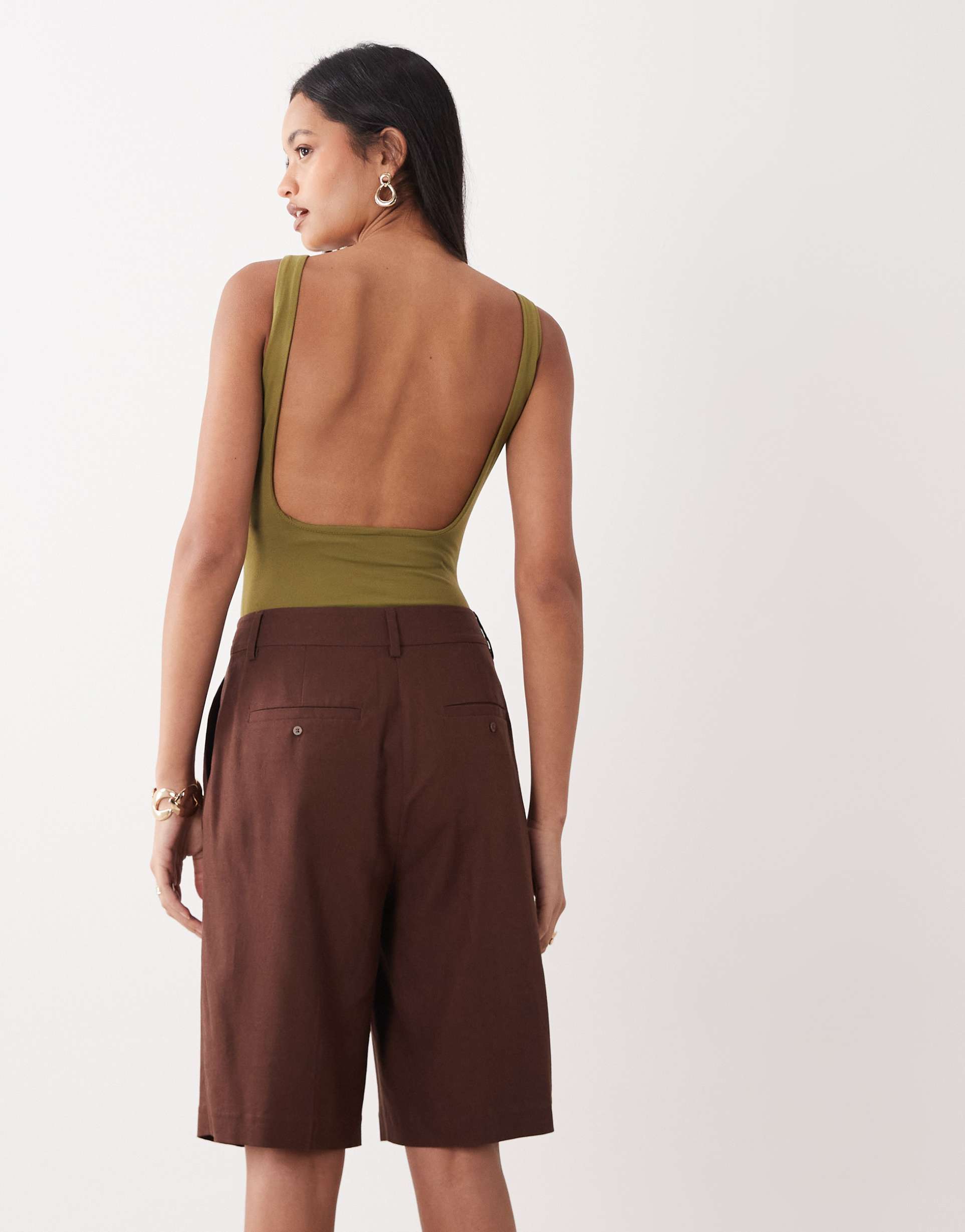 miss selfridge sculpted low back bodysuit in olive