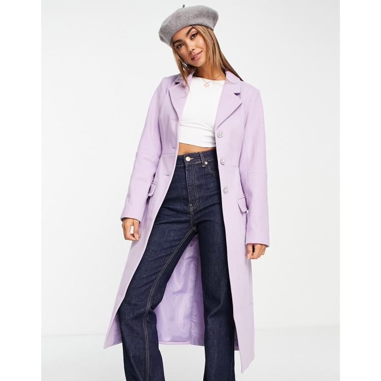 Miss Selfridge sculpted maxi coat with diamante button in lilac ASOS