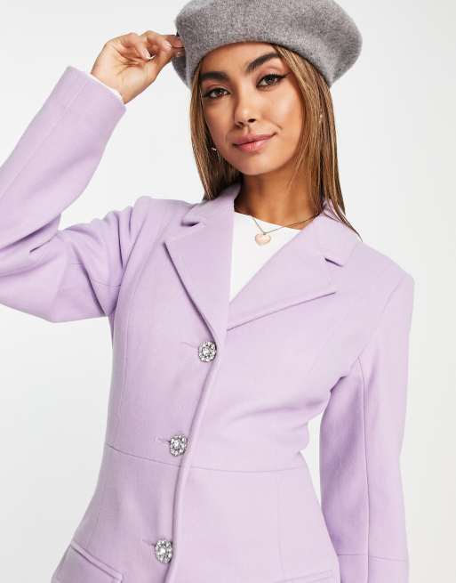 Miss Selfridge sculpted maxi coat with diamante button in lilac | ASOS