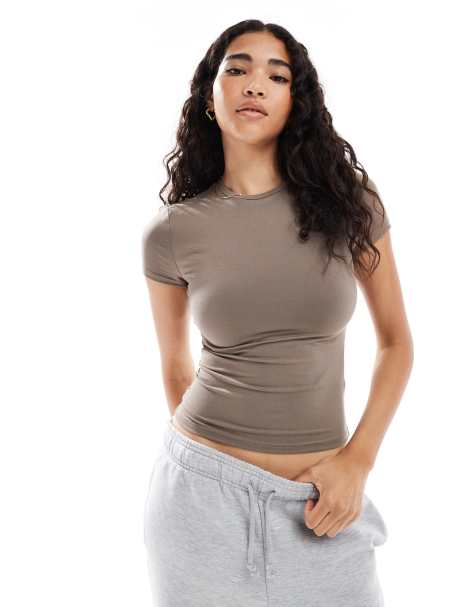 Miss Selfridge sculpted short sleeve tee in mocha - view 1