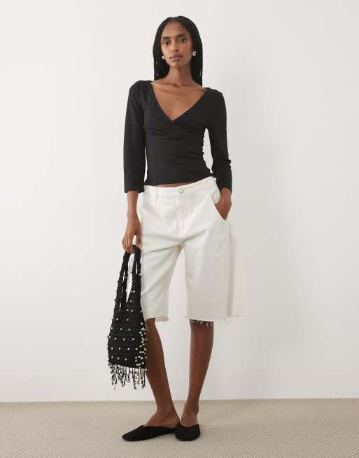 Miss Selfridge sculpted wrap corset seam top in black, 2 of 4