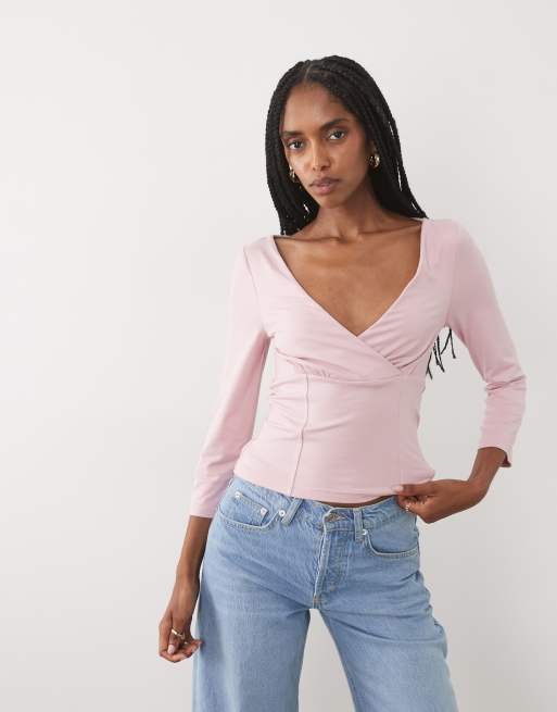 Miss Selfridge sculpted wrap corset seam top in pink, 3 of 4