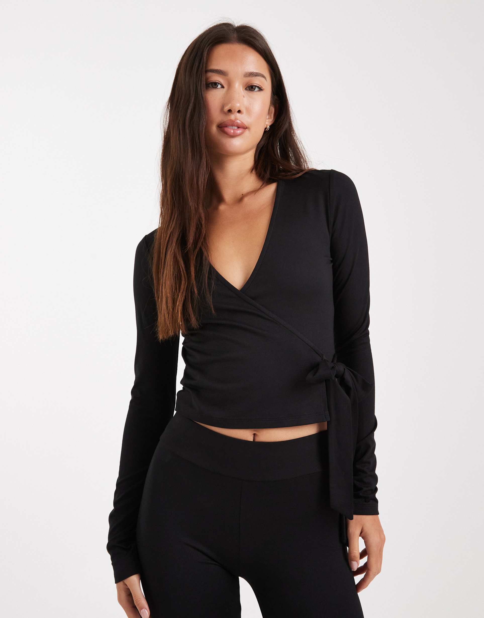 miss selfridge sculpted wrap top in black