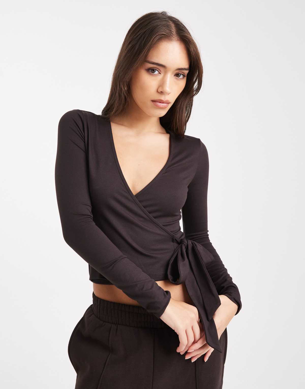 Miss Selfridge sculpted wrap top in chocolate