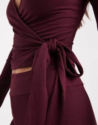 Miss Selfridge Sculpted Wrap Top In Burgundy