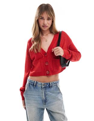 seam detail boxy cardigan in red