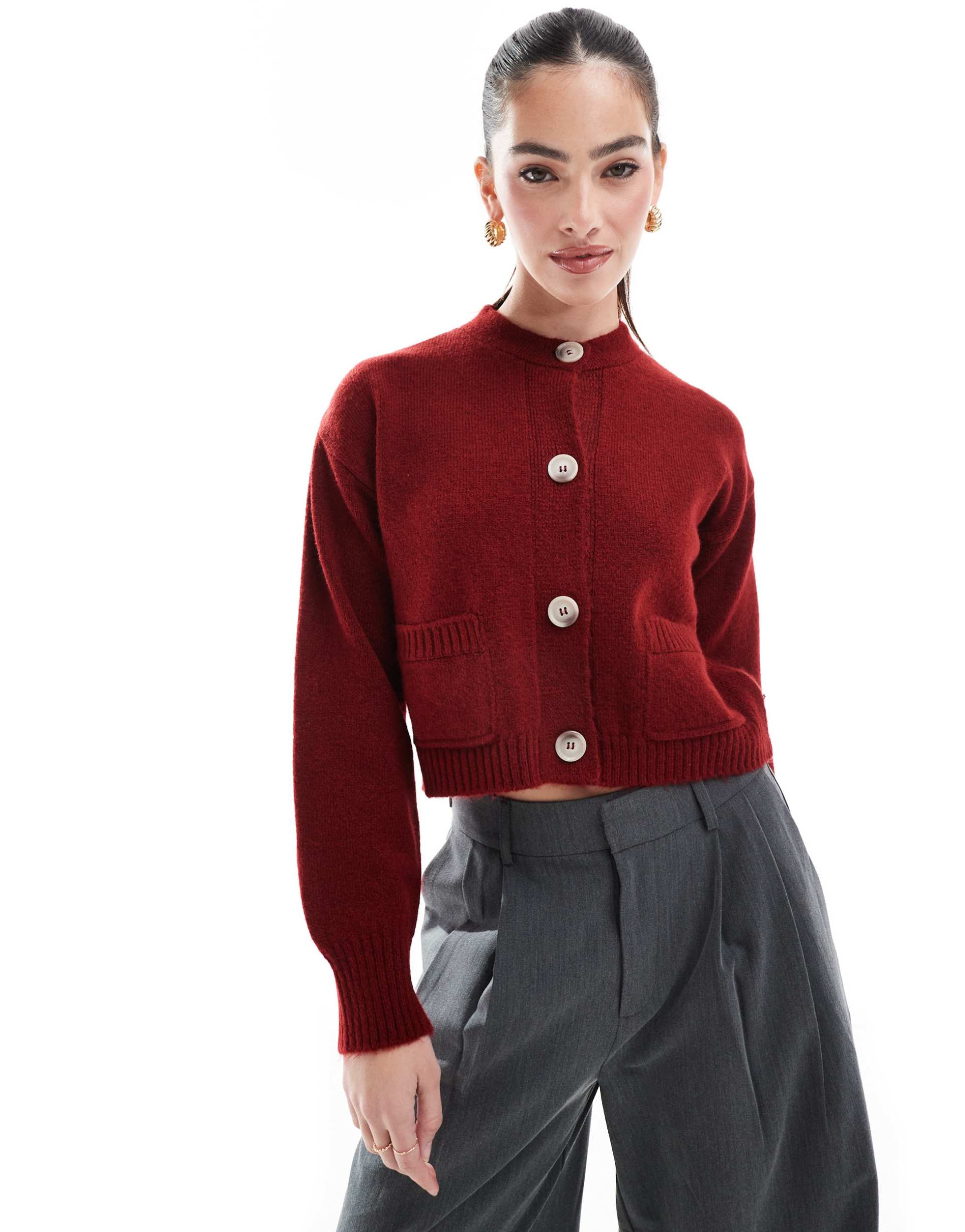 miss selfridge seam detail crew neck boxy cardigan in burgundy