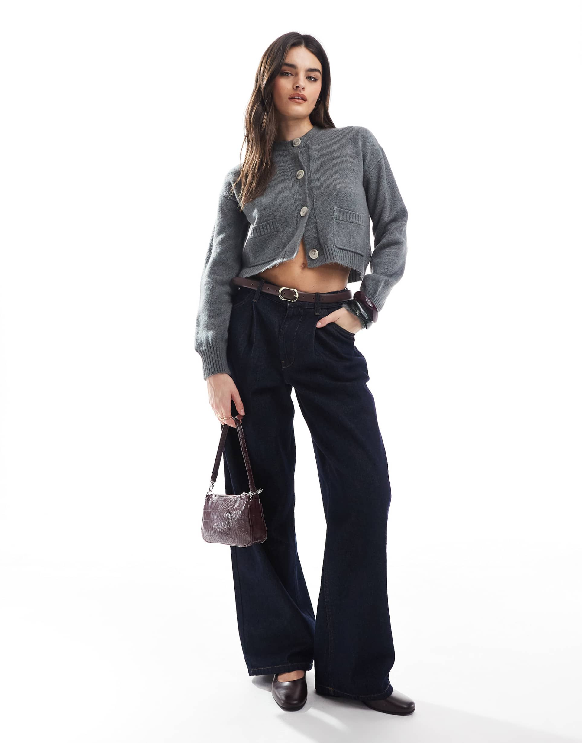 miss selfridge seam detail crew neck boxy cardigan in gray