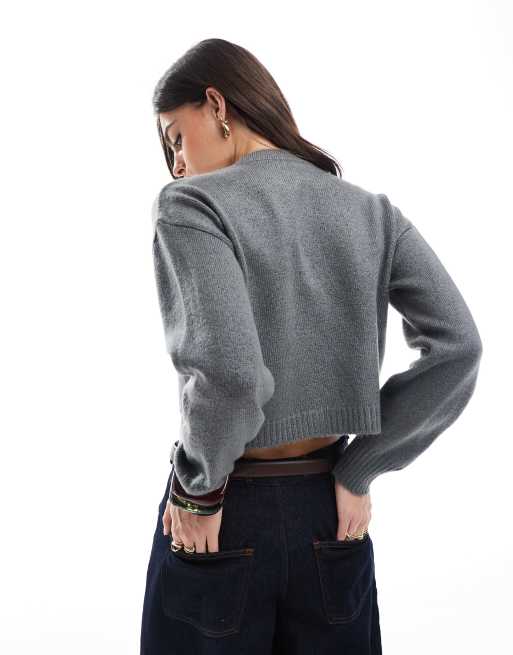 Miss Selfridge seam detail crew neck boxy cardigan in grey
