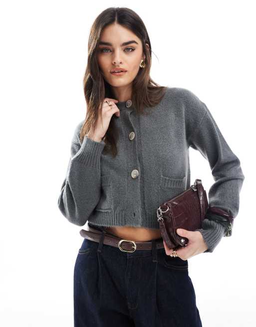 Miss Selfridge seam detail crew neck boxy cardigan in grey