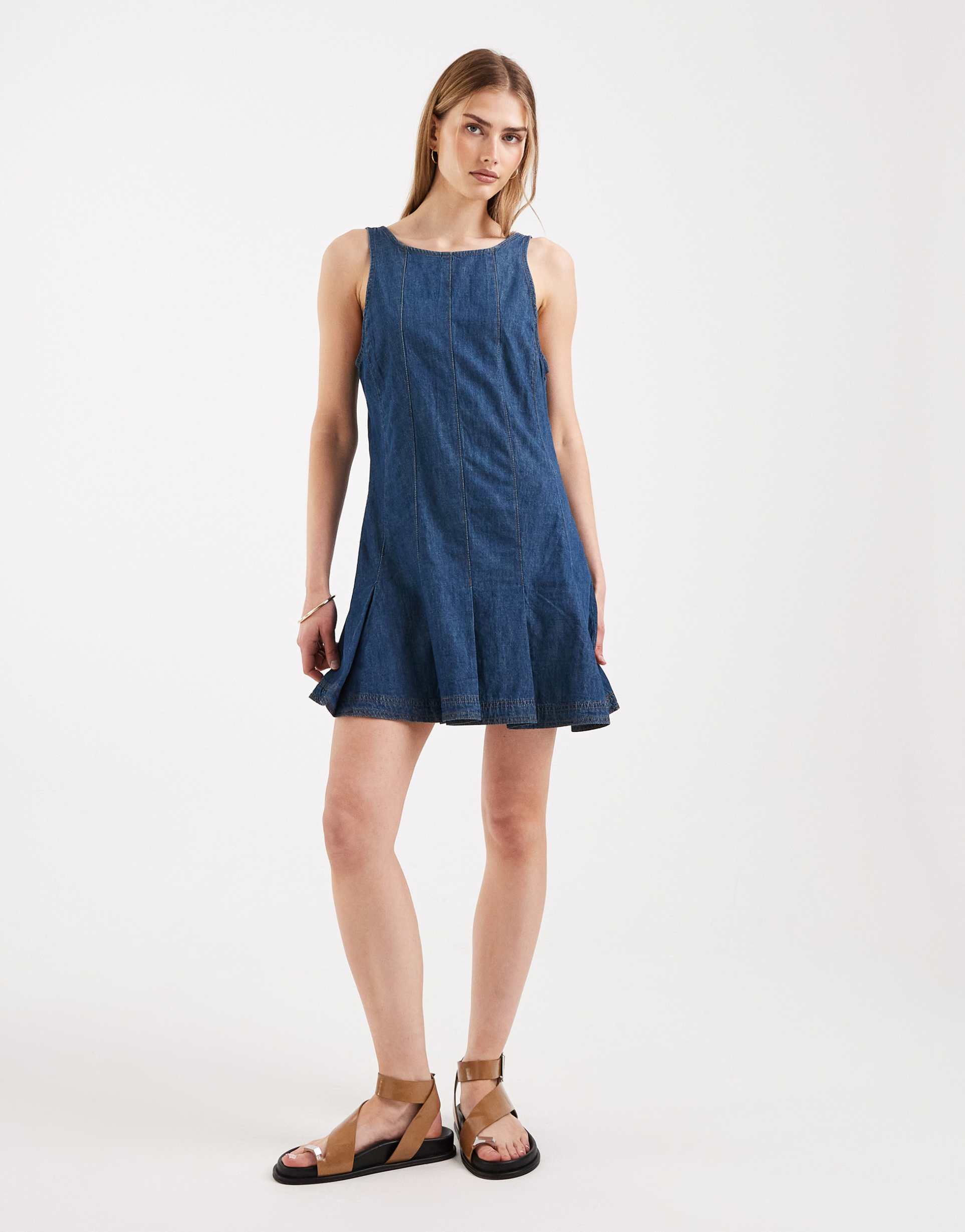 miss selfridge seam detail mini dress in mid blue wash