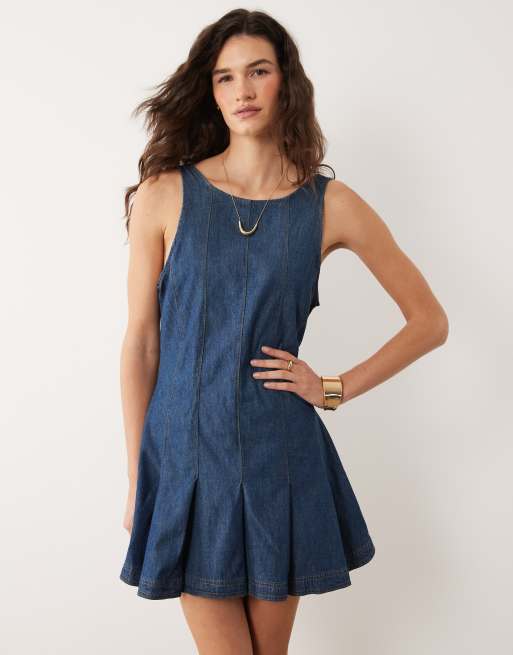 Miss Selfridge seam detail mini dress in mid blue wash, 2 of 4
