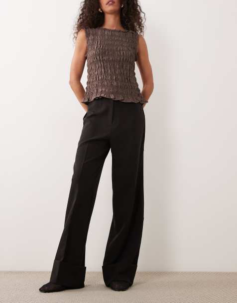 Miss Selfridge seam detail wide leg tailored trouser with turn up hem in black - view 1