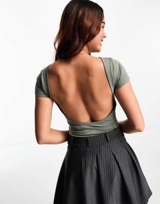 Miss Selfridge Seamless Backless Cap Sleeve Bodysuit In Khaki-green