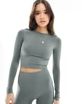 [Miss Selfridge] Miss Selfridge seamless long sleeve top in khaki (part of a set)-Green L KHAKI
