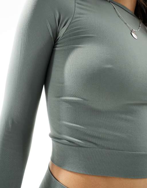 Miss Selfridge seamless long sleeve top in khaki (part of a set), 3 of 4