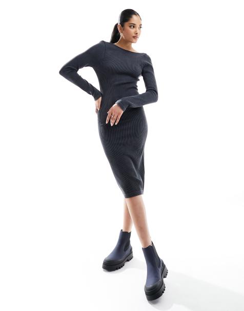 Miss Selfridge seamless rib midi long sleeve dress in washed charcoal - view 1