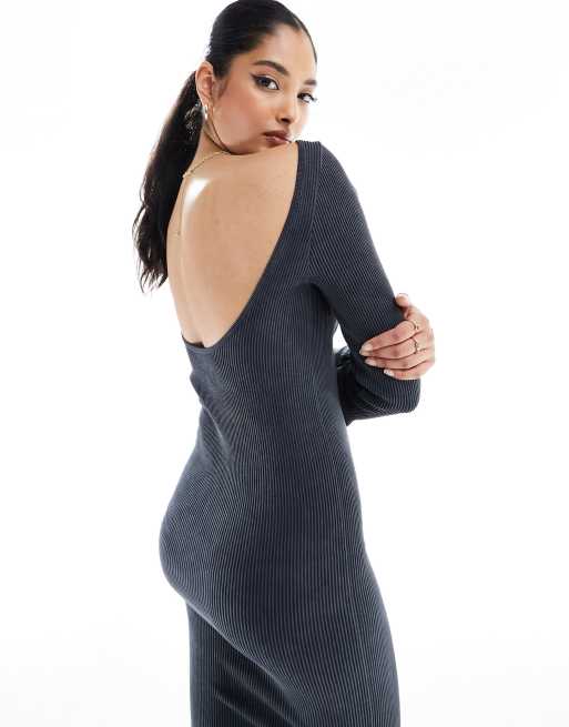 Miss Selfridge seamless rib midi long sleeve dress in washed charcoal, 3 of 4