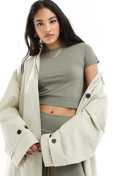 Miss Selfridge seamless short sleeve t-shirt co-ord in khaki - view 1