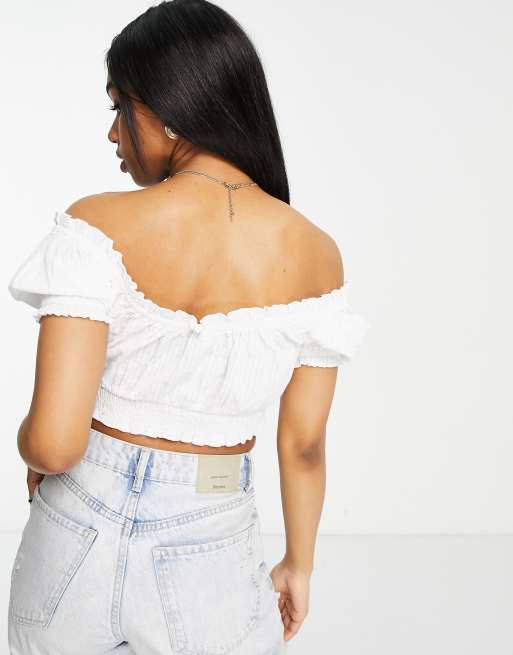 Miss Selfridge seersucker bardot crop top with buttons in ivory, 2 of 4