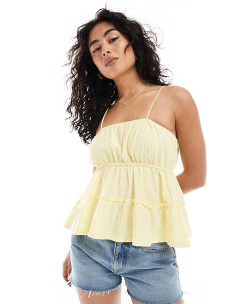 Miss Selfridge seersucker cami peplum hem top in lemon - view 1