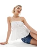 [Miss Selfridge] Miss Selfridge seersucker cami peplum hem top in white-Multi 4 WHITE