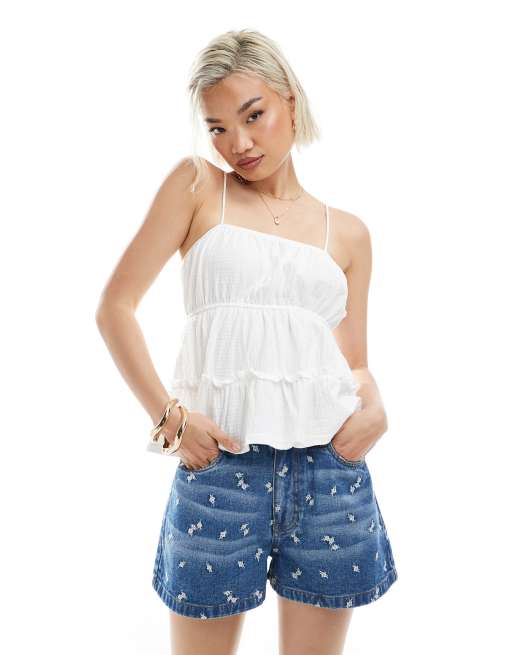 Miss Selfridge seersucker cami peplum hem top in white, 2 of 4