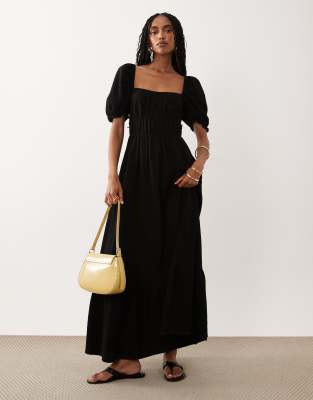black long sleeve milkmaid dress CurveWow Floral Milkmaid Midi Dress Black  Curvewow