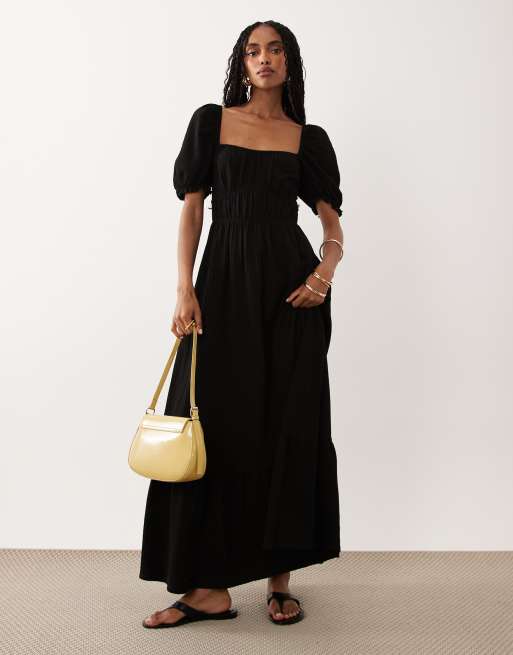 ruched milkmaid dress Black Plus Woven Ditsy Floral Ruched Milkmaid Dress