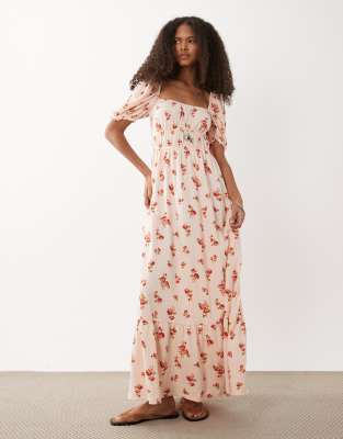 Miss Selfridge seersucker puff sleeve milkmaid maxi dress in peach floral print ditsy print 10590₽