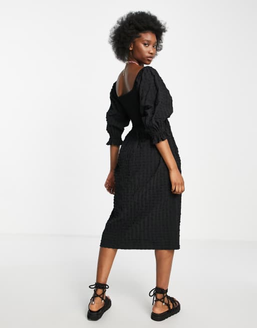 Miss Selfridge seersucker shirred midi dress in black , 2 of 4