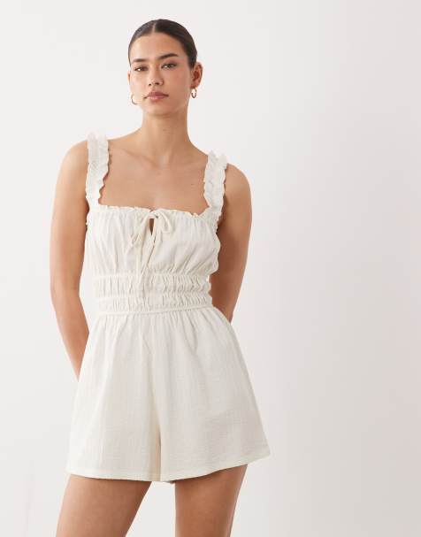Miss Selfridge seersucker shirred playsuit in cream - view 1