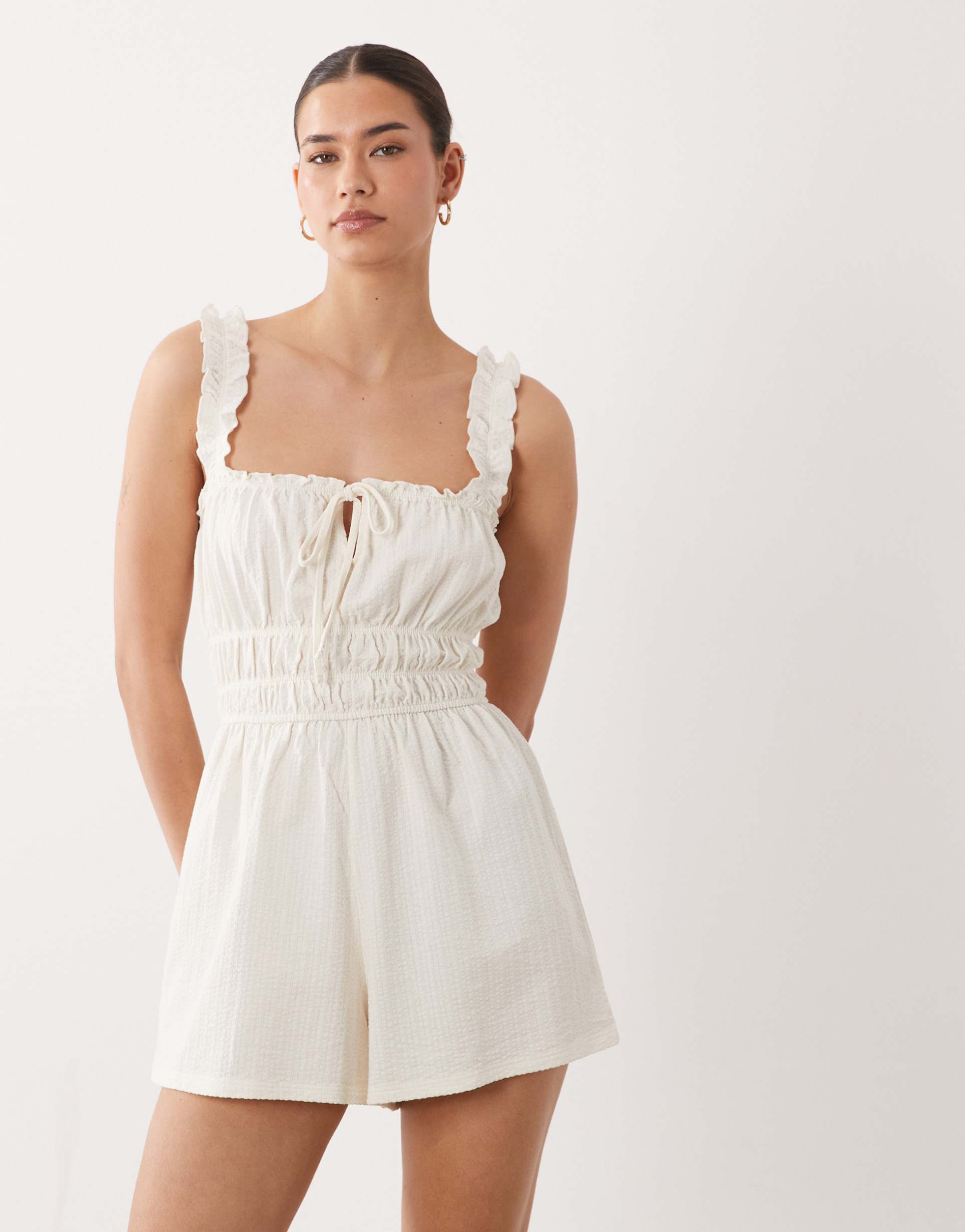 miss selfridge seersucker shirred romper in cream