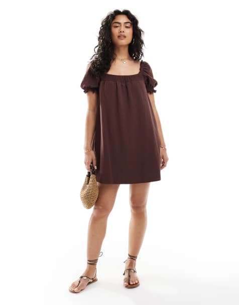 Miss Selfridge seersucker smock mini dress with shirring in chocolate - view 1
