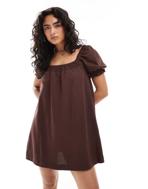 Miss Selfridge seersucker smock mini dress with shirring in chocolate, 2 of 4