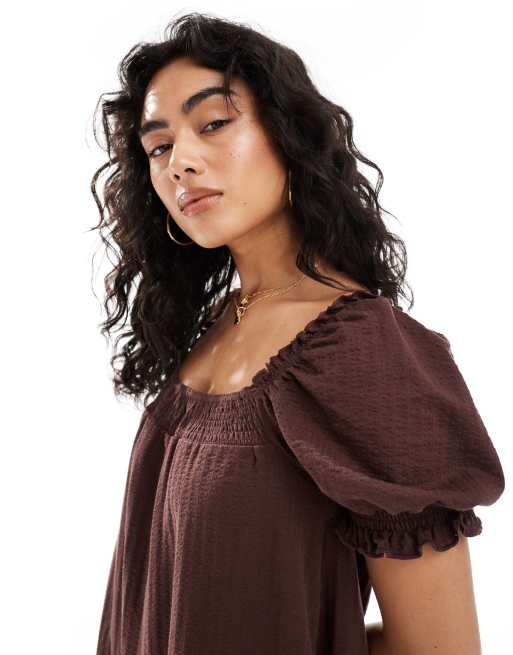 Miss Selfridge seersucker smock mini dress with shirring in chocolate, 3 of 4