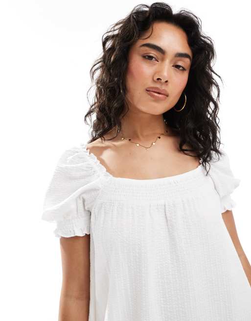 Miss Selfridge seersucker smock mini dress with shirring in white, 3 of 4
