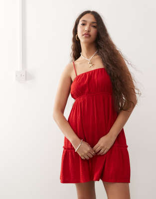 Miss Selfridge seersucker tiered smock dress in red