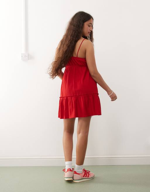 Miss Selfridge seersucker tiered smock dress in red, 3 of 4