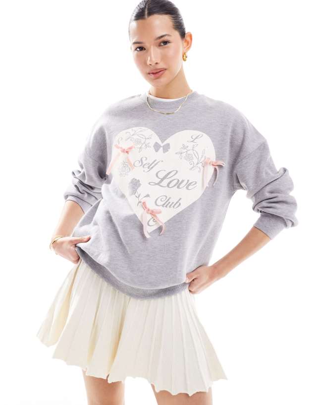 Miss Selfridge - self love club heart sweat with bows in grey