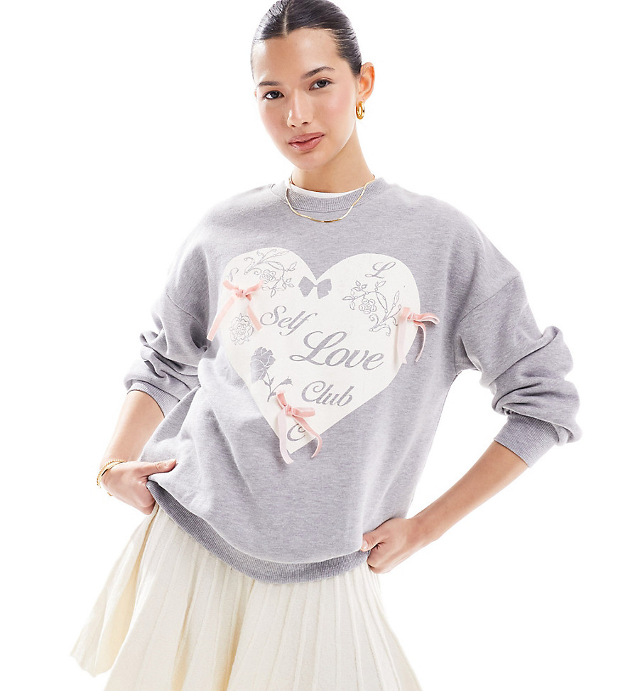Miss Selfridge Self Love Club Heart Sweatshirt With Bows In Gray