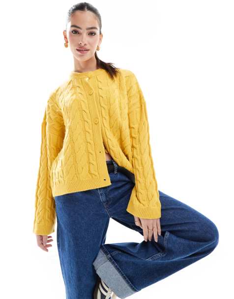 Miss Selfridge – Senapsgul, flätstickad kofta i kraftigt material - view 1