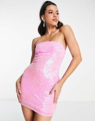 Miss Selfridge sequin bandeau mini dress in pink | ASOS