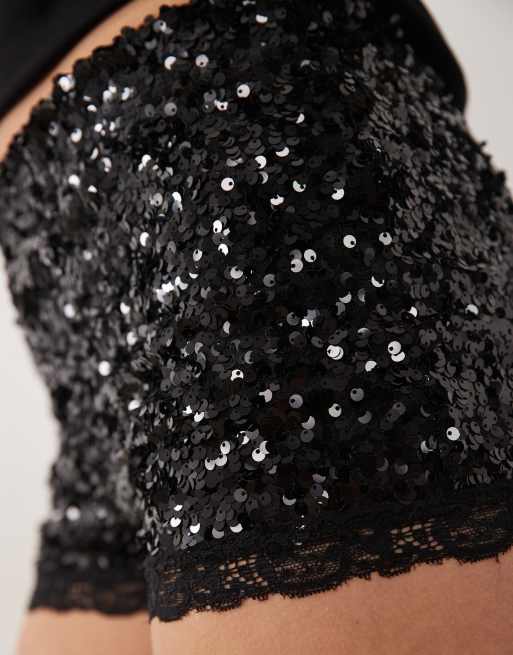 Miss Selfridge sequin booty shorts with lace trim in black, 4 of 5