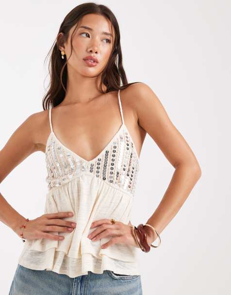 Miss Selfridge sequin detail baby doll cami top in cream - view 1