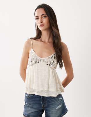 Miss Selfridge Sequin Detail Baby Doll Cami Top In White