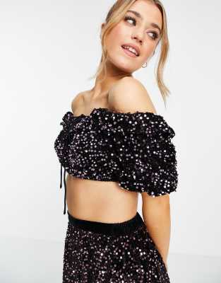 Miss Selfridge sequin frill edge crop top-Black